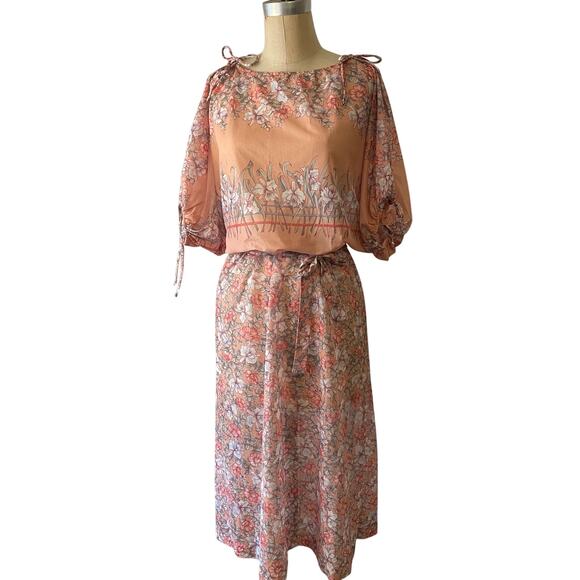 70s or 80s Sheer Floral Spring Summer Peach Dress - Picture 1 of 7